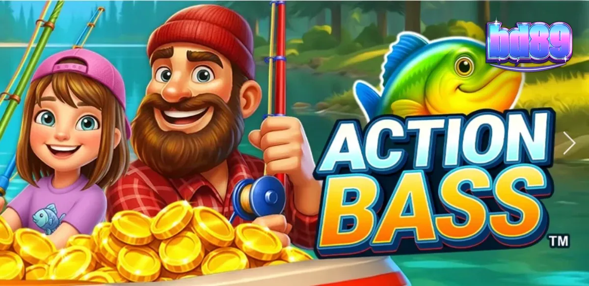 Action Bass স্লট গেমের একটি দৃশ্য যেখানে মাছ ধরার সরঞ্জাম এবং হ্রদের শান্ত পরিবেশ দেখা যাচ্ছে